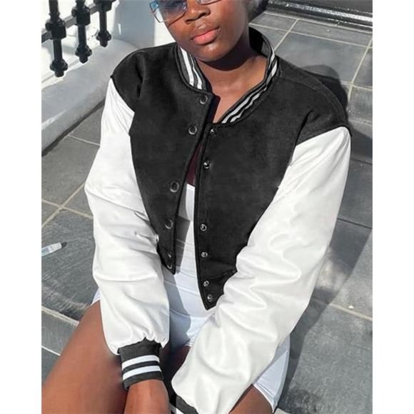 Women’s Crop Baseball Jacket Faux Leather Coat Punk Hiphop Outwear - Picture 3 of 6